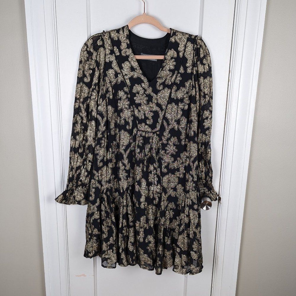 Anthropologie | Metallic Floral Long Sleeve Mini Dress Size Extra Small